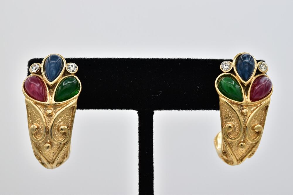 Trifari Vintage Multi-Color Cabochon Earrings Gold Byzantine Signed 1980s Bin5